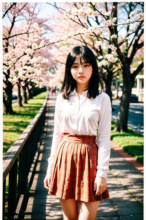 <lora:NegStd1:0.5> ,(film grain, film photography:1.5), bokeh, DOF,
portrait photo of a girl standing on a wooden bridge next to a tree with cherry blossoms on it and a walkway in the background,