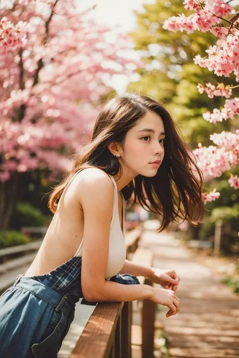 (film grain, film photography:1.5), a belle standing on a wooden bridge next to a tree with cherry blossoms on it and a walkway in the background,bokeh, DOF,