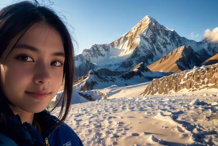 Selfie photo,(masterpiece, best quality, high quality, highres, ultra-detailed,8k),HDR,vivid color,(24mm lens:1.2),
(golden hour:1.2),winter,A girl,(Mount Everest) in the background,
(beautiful shadow,low key),(photorealistic, raw photo:1.2),