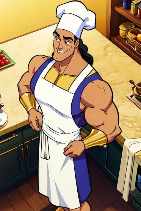 kronk, black hair,  muscular, 
gold bracer,  shirt, sleeveless, chef hat,  white apron, 
smile, standing, upper body,  from above, 
gold Aztec temple, kitchen, 
 <lora:kronk:0.7>