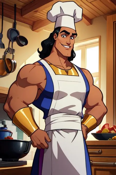 kronk, black hair,  muscular, 
gold bracer,  shirt, sleeveless, chef hat,  white apron, 
smile, standing, upper body,
gold Aztec temple, kitchen, 
 <lora:kronk:0.7>