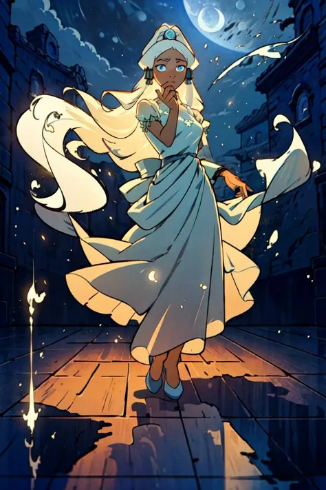 (princess yue:1.2), white hair, (girl glowing with a white aura, blue magic wisps surrounding her:1.5), (long hair, flowing hair, floating hair), light blue belt with long ribbons, blue eyes, tan skin, dark skin, (white moon goddess dress, goddess dress, white dress, floor length dress, long dress:1.5), flowy dress, glowing aura, moon behind her, moon and stars background, (realistic:1.2), (masterpiece:1.2), (full-body-shot:1.2),(Cowboy-shot:1.2), neon lighting, dark romantic lighting, (highly detailed:1.2),(detailed face:1.2), (gradients), colorful, detailed eyes, (detailed landscape:1.2), (natural lighting:1.2),(detailed background), detailed landscape, (shy pose:1.2), (solo, one person, one subject:1.5), <lora:yue:0.7> <lora:add_detail:0.15> <lora:hipoly3DModelLora_v10:0.05>  <lora:RSERomantic_RSESofiko_RSEEmma-v1:0.1> <lora:BeautifulEyes:0.65> <lyco:coloredSkin-08:0.3>