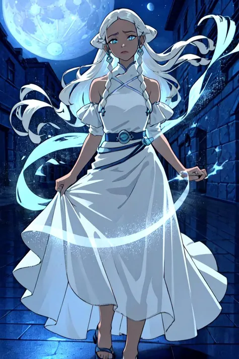 (princess yue:1.2), white hair, (girl glowing with a white aura, blue magic wisps surrounding her:1.5), (hair down, long hair, flowing hair, floating hair), light blue belt with long ribbons, blue eyes, tan skin, dark skin, (white moon goddess dress, goddess dress, white dress, floor length dress, long dress:1.5), flowy dress, glowing aura, moon behind her, moon and stars background, (realistic:1.2), (masterpiece:1.2), (full-body-shot:1),(Cowboy-shot:1.2), neon lighting, dark romantic lighting, (highly detailed:1.2),(detailed face:1.2), (gradients), colorful, detailed eyes, (detailed landscape:1.2), (natural lighting:1.2),(detailed background), detailed landscape, (shy pose:1.2), (solo, one person, one subject:1.5), (close up:1.2), <lora:yue:0.7> <lora:add_detail:0.15> <lora:hipoly3DModelLora_v10:0.05>  <lora:RSERomantic_RSESofiko_RSEEmma-v1:0.1> <lora:BeautifulEyes:0.65> <lyco:coloredSkin-08:0.3>