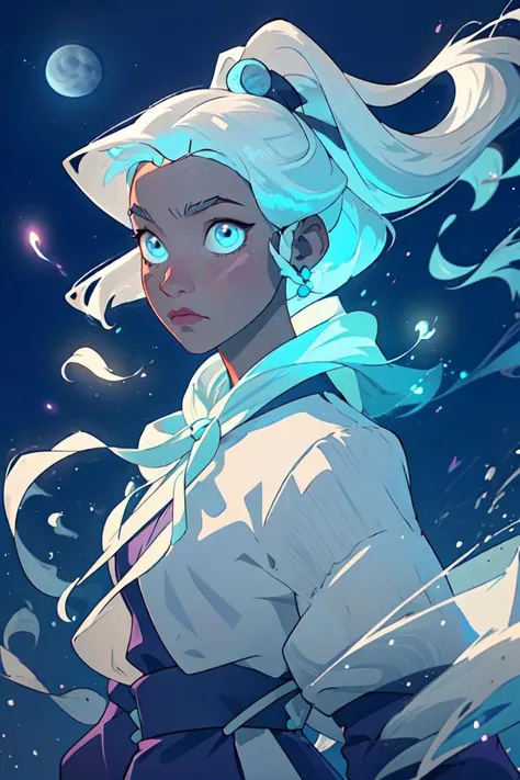 (princess yue:1.2), white hair, (girl glowing with a white aura, blue magic wisps surrounding her:1.5), (long hair, flowing hair, floating hair), light blue belt with long ribbons, blue eyes, tan skin, dark skin, white moon goddess dress, flowy dress, glowing aura, moon behind her, moon and stars background, (realistic:1.2), (masterpiece:1.2), (full-body-shot:1.2),(Cowboy-shot:1.2), neon lighting, dark romantic lighting, (highly detailed:1.2),(detailed face:1.2), (gradients), colorful, detailed eyes, (detailed landscape:1.2), (natural lighting:1.2),(detailed background), detailed landscape, (dynamic pose:1.2), (solo, one person, one subject:1.5), <lora:yue:0.7> <lora:add_detail:0.15> <lora:hipoly3DModelLora_v10:0.05>  <lora:RSERomantic_RSESofiko_RSEEmma-v1:0.1> <lora:BeautifulEyes:0.65> <lyco:coloredSkin-08:0.3>