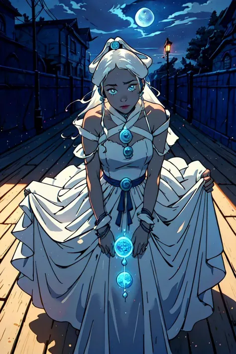 (princess yue:1.2), white hair, (girl glowing with a white aura, blue magic wisps surrounding her:1.5), (hair down, long hair, flowing hair, floating hair), light blue belt with long ribbons, blue eyes, tan skin, dark skin, (white moon goddess dress, goddess dress, white dress, floor length dress, long dress:1.5), flowy dress, glowing aura, moon behind her, moon and stars background, (realistic:1.2), (masterpiece:1.2), (full-body-shot:1),(Cowboy-shot:1.2), neon lighting, dark romantic lighting, (highly detailed:1.2),(detailed face:1.2), (gradients), colorful, detailed eyes, (detailed landscape:1.2), (natural lighting:1.2),(detailed background), detailed landscape, (shy pose:1.2), (solo, one person, one subject:1.5), (close up:1.2), <lora:yue:0.7> <lora:add_detail:0.15> <lora:hipoly3DModelLora_v10:0.05> <lora:RSERomantic_RSESofiko_RSEEmma-v1:0.1> <lora:BeautifulEyes:0.65> <lyco:coloredSkin-08:0.3>