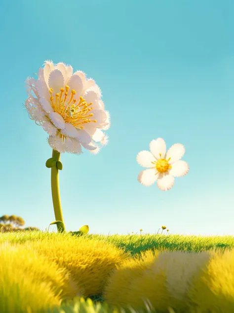 no humans, flower, grass, white flower, outdoors, green theme, plant, scenery, dandelion, still life, daisy, day, leaf, field, green background, nature <lora:fluffya_20230814092051:0.85>