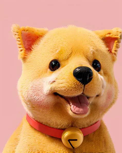 no humans, yellow dog,animal focus, bell, animal, simple background, open mouth, collar, pink background, neck bell, black eyes, looking at viewer, jingle bell, red collar, blush, smile, <lora:fluffya_20230814092051:0.80>