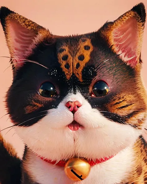 no humans, yellow cat,animal focus, bell, animal, simple background, open mouth, collar, pink background, neck bell, black eyes, looking at viewer, jingle bell, cat, red collar, blush, smile,  <lora:fluffya_20230814092051:0.80>