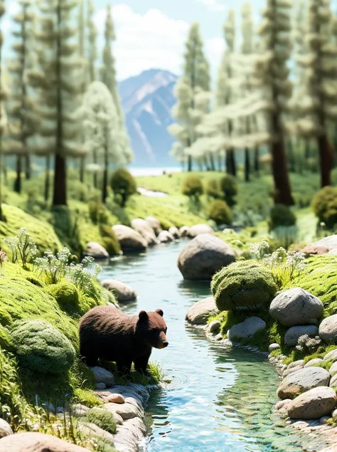 no humans, outdoors,spring,green trees,blurry, water, rock, animal, nature, day, tree, grass, bear, animal focus, depth of field, river, black eyes, blurry background, crab, scenery <lora:fluffya_20230814092051:0.9>
