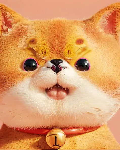 no humans, yellow cat,animal focus, bell, animal, simple background, open mouth, collar, pink background, neck bell, black eyes, looking at viewer, jingle bell, cat, red collar, blush, smile, <lora:fluffya_20230814092051:0.80>