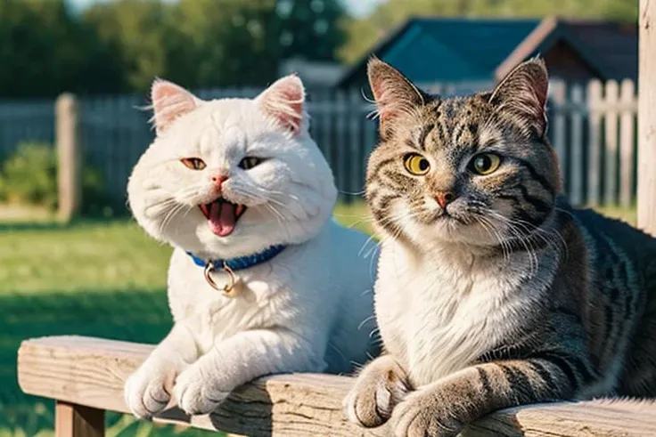 (masterpiece), (extremely intricate:1.3), 8k, solo,
A cute white long-haired cat sits on a fence in the countryside,
A cat opened its mouth and yawned, baring its canine teeth,
The morning sun shines on the face of the cat to produce the Tyndall effect,
A cat with a gold plaque in the shape of a cat around its neck,
heterochromia, slit pupils, beautiful detailed eyes,
no humans, animal focus,
<lora:fluffya_20230814092051:0.7>