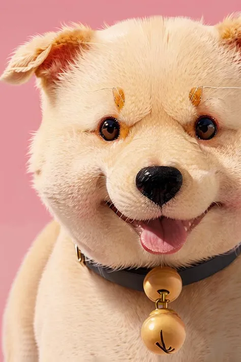 no humans, yellow dog,animal focus, bell, animal, simple background, open mouth, collar, pink background, neck bell, black eyes, looking at viewer, jingle bell, red collar, blush, smile, <lora:fluffya_20230814092051:0.80>