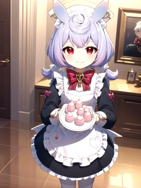 Animal ears, Maid dress, smile, (Yellow metal room:1.2), Full body, masterpiece, best quality, <lyco:sigewinne:0.8>, red eyes, pale purple hair, (Bows on dress:1.1), Pink bows, Short twin tails