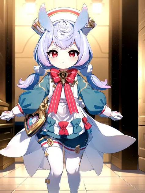 (Yellow metal room:1.2), Full body, masterpiece, best quality, <lyco:sigewinne:1.0>, red eyes, pale purple hair, (Bows on dress:1.1), Pink bows