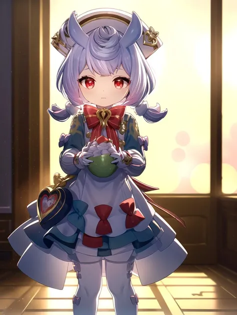 Holding, (Yellow metal room:1.2), Full body, masterpiece, best quality, <lyco:sigewinne:1.0>, red eyes, pale purple hair, (Bows on dress:1.1), Pink bows