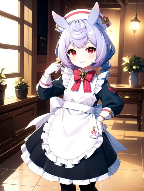 Animal ears, Maid dress, smile, (Yellow metal room:1.2), Full body, masterpiece, best quality, <lyco:sigewinne:0.8>, red eyes, pale purple hair, (Bows on dress:1.1), Pink bows
