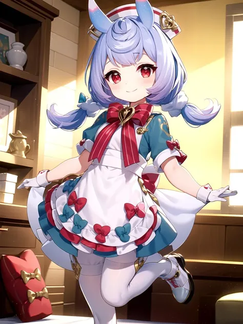 Jumping, smile, (Yellow metal room:1.2), Full body, masterpiece, best quality, <lyco:sigewinne:0.8>, red eyes, pale purple hair, (Bows on dress:1.1), Pink bows