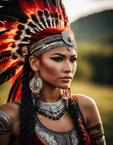cinematic photo breathtaking (fit body, hourglass shaped body, thighs, legs:1.2),(full height:1.6) photograph of (40 years old((ohwx woman)) with Red Fringe hair), , wearing A Native American war bonnet combined with festival attire. , (A Mohawk or frohawk: a strip of upright hair running from the forehead to the nape, with the sides of the head shaven or braided down. hairstyle:1.2) . award-winning, professional, highly detailed <lora:zendaya_dh128_v1-step00009000:1> . 35mm photograph, film, bokeh, professional, 4k, highly detailed