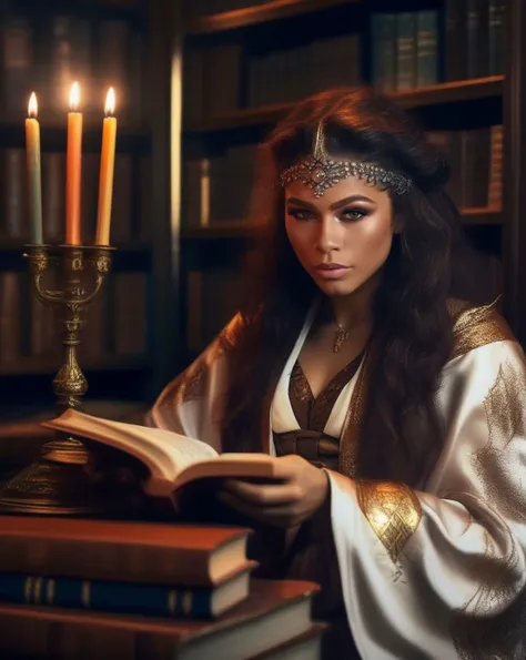 Soft Focus Photography, (ohwx woman:1.0),A master of arcane arts, a female human wizard is displayed (photorealistically:1.35), her figure bathed in the glow of a magical storm she's conjured in a library filled with ancient books and scrolls. A (gorgeous makeup:1.2) accents her focused expression as she controls the elemental forces with her staff. The vivid colors of the elements, the intricate detail of her robe, and the arcane symbols glowing around her, together with the environment rich in magical lore, capture the essence of a powerful wizard,  <lora:zendaya_lora_sdxl_v1:1>
