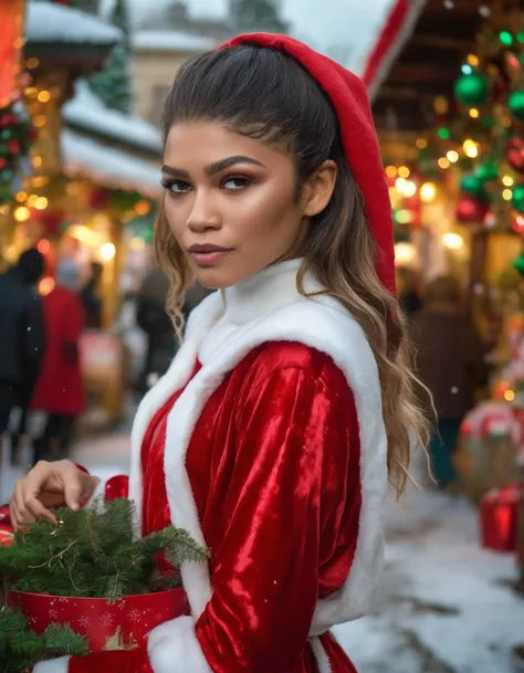 portrait of (ohwx woman) <lora:zendaya_lora_sdxl_v1-000008:1> wearing santa costume in a Christmas village, green plants, intricate, elegant, highly detailed, digital painting, artstation, concept art, smooth, sharp, focus, illustration, art by artgerm and greg rutkowski and alphonse mucha