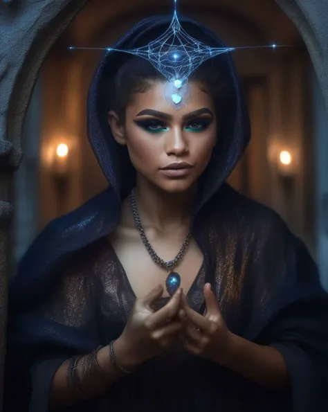 HDR Photography, (ohwx woman:1.0),Amidst an astral, surreal dimension, a female human Sorcerer (photorealistic:1.35) channels her innate magic. Her face, glowing with (ethereal, starry makeup:1.2), reflects her cosmic connection. She levitates, her hands sparking with arcane energy, her eyes piercing the veil of reality. The otherworldly dimension, the cosmic energy, and the Sorcerer's inner power portray the mystic essence of her class, <lora:zendaya_lora_sdxl_v1:1>