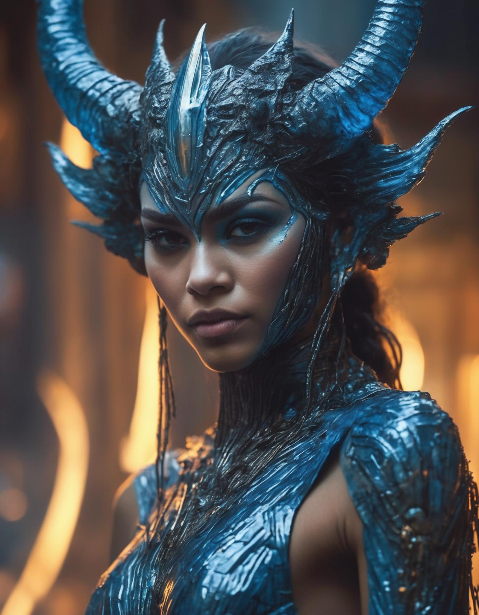 A woman in a blue costume with horns and a blue dress - SeaArt AI