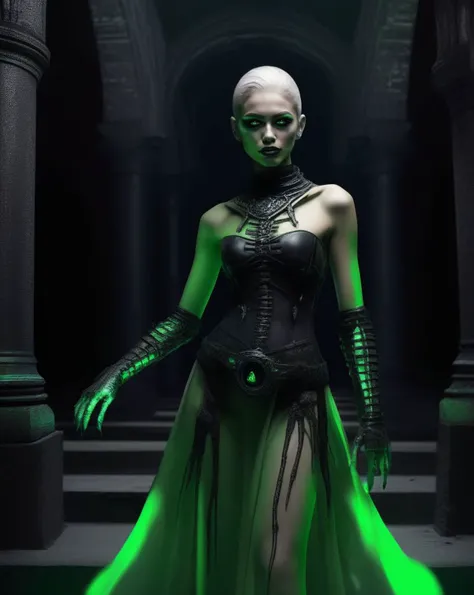 Futuristic Cyberpunk Style, (ohwx woman:1.0),In the eerie depths of a forgotten crypt, a female human Necromancer (photorealistic:1.35) raises the undead. Her face, adorned with (macabre, shadowy makeup:1.2), conveys her dark art. She stands in a circle of eerie green runes, skeletal hands rising from the ground at her command. The shadowy crypt, the ghostly green glow, and the Necromancer's ominous ritual express the sinister nature of her class, <lora:zendaya_lora_sdxl_v1:1>