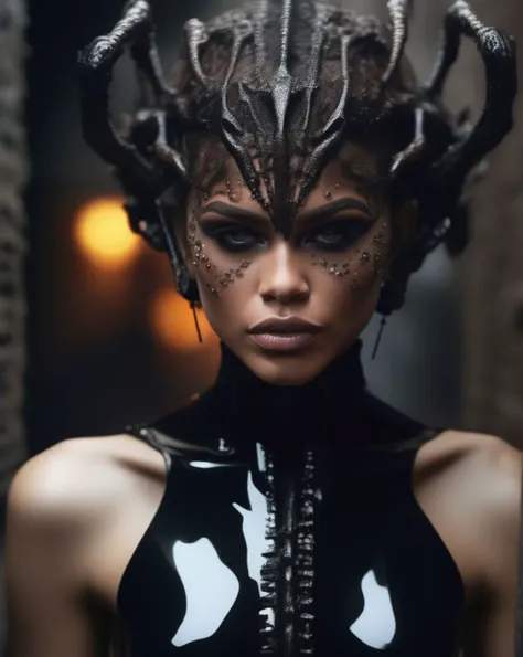 Soft Focus Photography, (ohwx woman:1.0),In the bowels of a ravaged abyss, a female human Swarm-That-Walks (photorealistic:1.35) stands, vengeance her only sustenance. Her austere face, bespeckled with (earthy, menacing makeup:1.2), mirrors her relentless spirit. She commands a devastating swarm, a consuming force against her adversaries. Her presence amidst the abyssal chaos epitomizes the destructive nature of her mythic path, <lora:zendaya_lora_sdxl_v1:1>