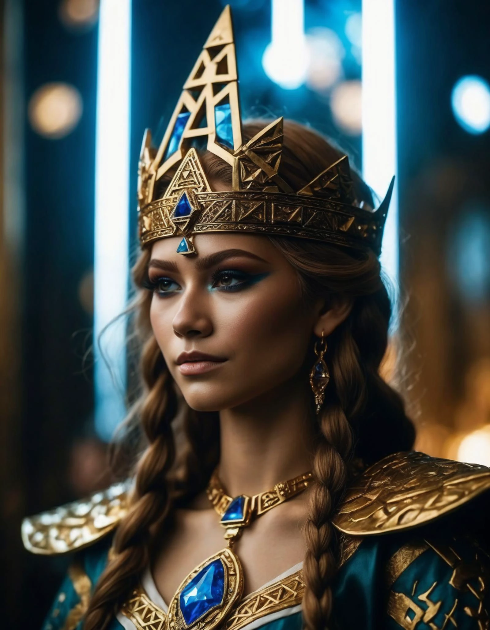 cinematic photo a determined ((ohwx woman)) As Princess Zelda, harnessing the power of the Triforce, standing resolute against the forces of darkness threatening Hyrule., Hair adorned with royal ornaments, symbolizing her duty and lineage., <lora:zendaya_dh128_v1-step00009000:1> . 35mm photograph, film, bokeh, professional, 4k, highly detailed