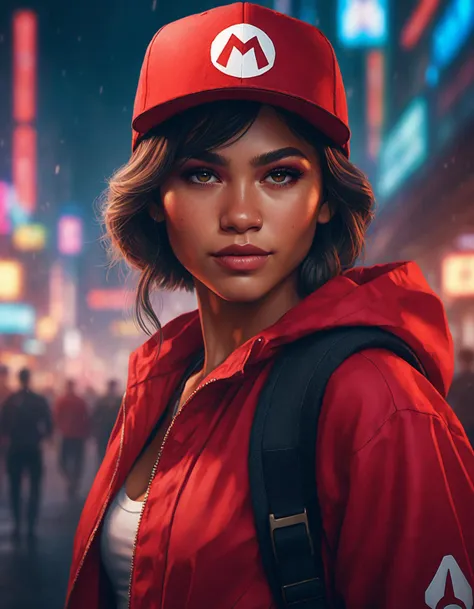 cinematic photo Portrait of ((ohwx woman)) as super Mario, red hat, fantasy, highly detailed, digital painting, artstation, concept art, sharp focus, illustration, art by Tony Sart and artgerm and randy vargas   <lora:zendaya_dh128_v1-step00009000:1> . 35mm photograph, film, bokeh, professional, 4k, highly detailed