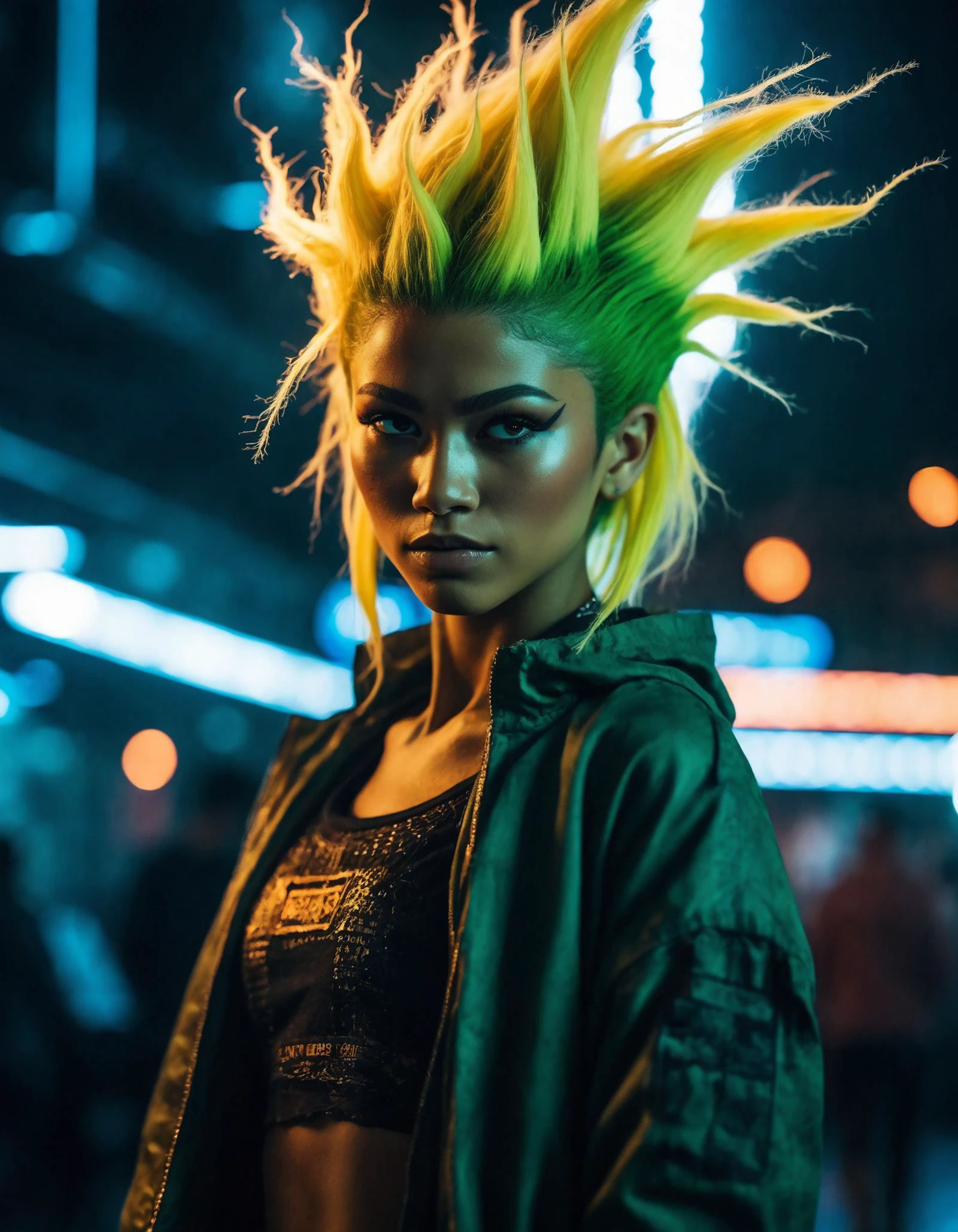 cinematic photo (full height:1.3), a fierce ((ohwx woman)) As Kale, about to transform into her berserker Super Saiyan form, her sheer raw power distorting the very atmosphere around her. Inspired by Krenz Cushart, neoism, kawacy, wlop, gits anime. <lora:zendaya_dh128_v1-step00009000:1> . 35mm photograph, film, bokeh, professional, 4k, highly detailed