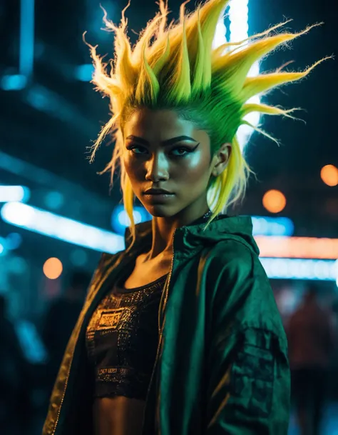 cinematic photo (full height:1.3), a fierce ((ohwx woman))  As Kale, about to transform into her berserker Super Saiyan form, her sheer raw power distorting the very atmosphere around her. Inspired by Krenz Cushart, neoism, kawacy, wlop, gits anime.  <lora:zendaya_dh128_v1-step00009000:1> . 35mm photograph, film, bokeh, professional, 4k, highly detailed