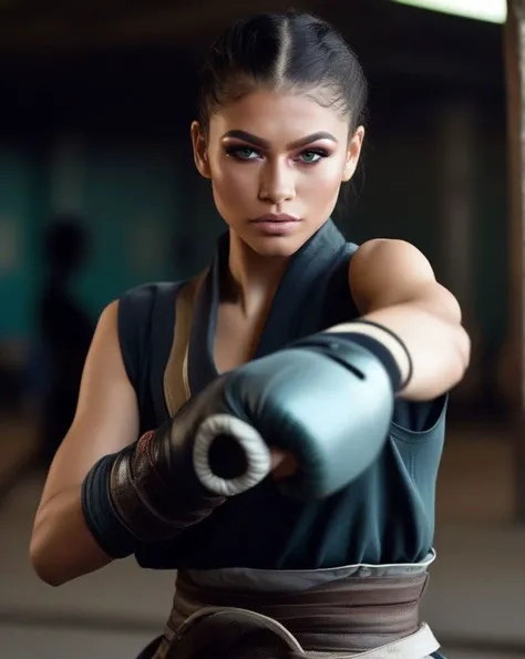 Low-Key Portraits, (ohwx woman:1.0),In the heart of a bustling training ground, a female human Fighter (photorealistic:1.35) is engaged in intense sparring. Her face, marked with (practical, subtle makeup:1.2), shows a display of determination. Her sword crosses with her opponent's, creating a spark of magic. The busy training yard, the practicing soldiers, and the Fighter's undeterred focus capture the essence of combat, <lora:zendaya_lora_sdxl_v1:1>