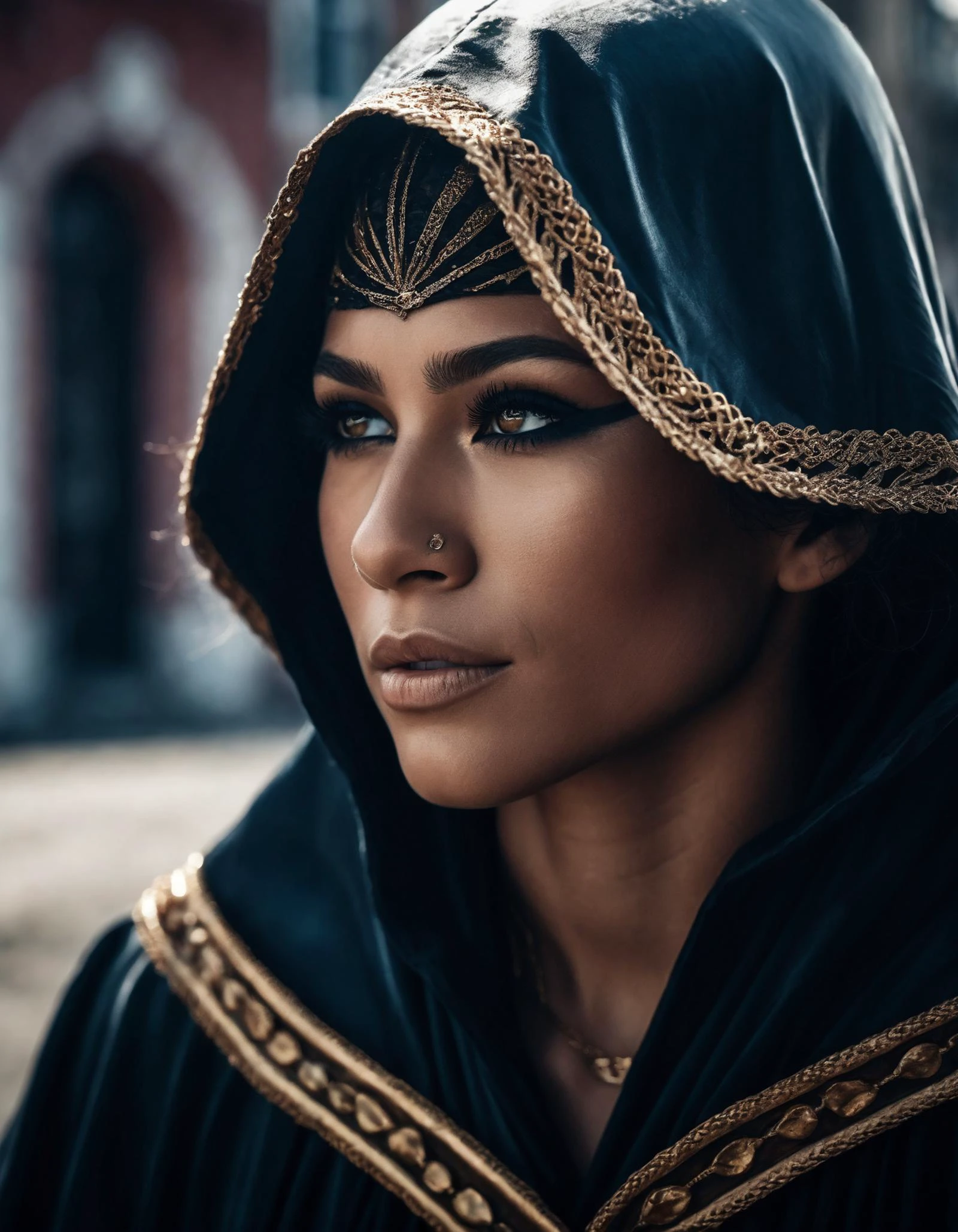 cinematic photo a brave ((ohwx woman)) As Aveline de Grandpré, moving stealthily through New Orleans, her assassin's hood shadowing her face, ready to strike for justice., Hair hidden but strands peeking out, denoting her stealth and determination., <lora:zendaya_dh128_v1-step00009000:1> . 35mm photograph, film, bokeh, professional, 4k, highly detailed