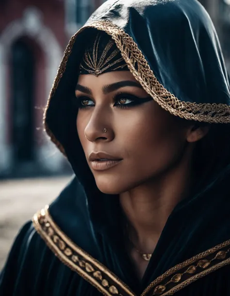 cinematic photo a brave ((ohwx woman)) As Aveline de Grandpré, moving stealthily through New Orleans, her assassin's hood shadowing her face, ready to strike for justice., Hair hidden but strands peeking out, denoting her stealth and determination.,  <lora:zendaya_dh128_v1-step00009000:1> . 35mm photograph, film, bokeh, professional, 4k, highly detailed