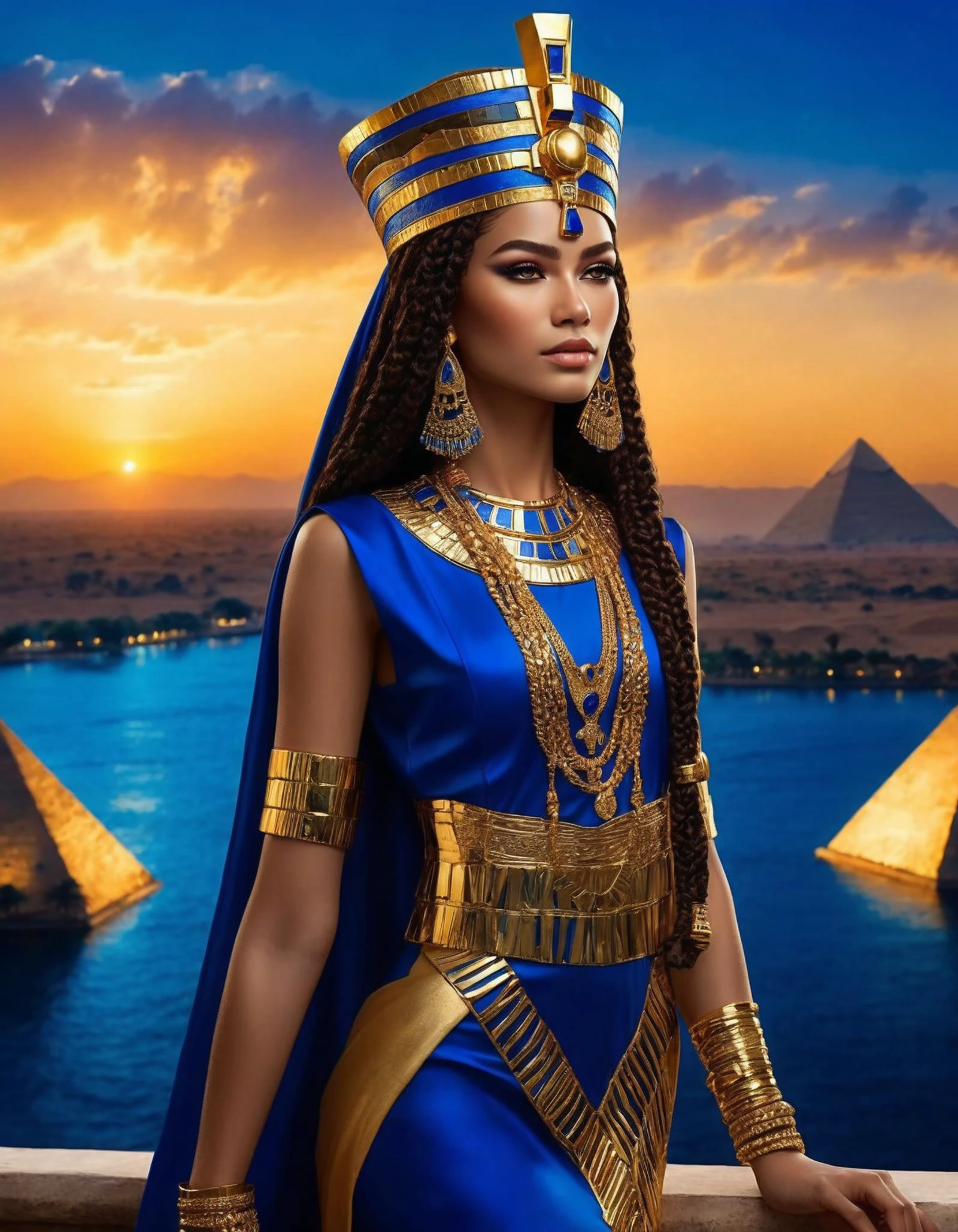 cinematic photo (full height:1.3), a beautiful ((ohwx woman)) As Nefertiti, the Egyptian queen, regally adorned in gold and lapis lazuli. She stands by the Nile, with majestic pyramids in the background, embodying the epitome of ancient Egyptian beauty and grace., inspired by Krenz Cushart, neoism, kawacy, wlop, gits anime,Elaborate crown-like hair, adorned with golden accessories and braids, exuding a sense of timeless elegance., <lora:zendaya_dh128_v1-step00009000:1> . 35mm photograph, film, bokeh, professional, 4k, highly detailed