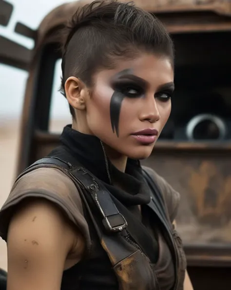 Hazy and Dreamy Photography, (ohwx woman:1.0),As Furiosa from Mad Max Fury Road, donning her black leather outfit with a mechanical arm, her face covered in grease as a warpaint, her eyes fierce and determined. She drives her war rig through the harsh desert wasteland, her iron will and unwavering resolve to save the Five Wives and find redemption fueling her onward., <lora:zendaya_lora_sdxl_v1:1>