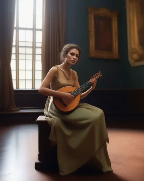 Cinemagraphs, (ohwx woman:1.0),On a grand, bustling mead hall, a female human Skald (photorealistic:1.35) shares her heroic tales. Her face, highlighted with (dramatic, attention-grabbing makeup:1.2), captures the listeners' attention. She wields a lute, her song echoing through the hall, stirring the hearts of the listeners. The lively mead hall, the enraptured listeners, and the Skald's passionate performance embody the inspirational aura of her class, <lora:zendaya_lora_sdxl_v1:1>