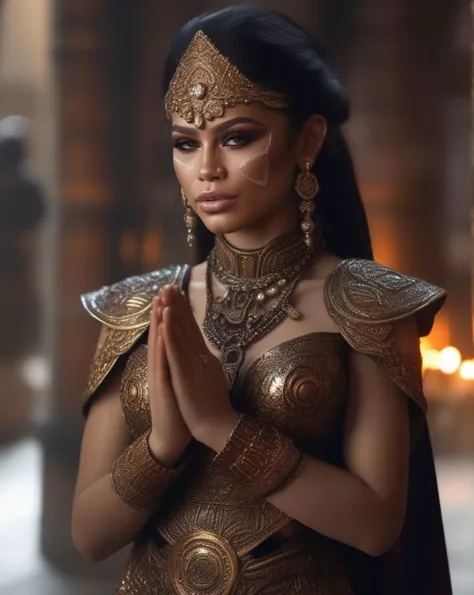 Still Frame Photography, (ohwx woman:1.0),Before a divine, radiant altar, a female human Warpriest (photorealistic:1.35) prays for victory. Her face, embellished with (devotional, holy makeup:1.2), embodies her unwavering faith. She raises a blessed weapon, her prayer resonating with holy might. The holy altar, the divine light, and the Warpriest's zealous prayer capture the sacred devotion of her class,  <lora:zendaya_lora_sdxl_v1:1>