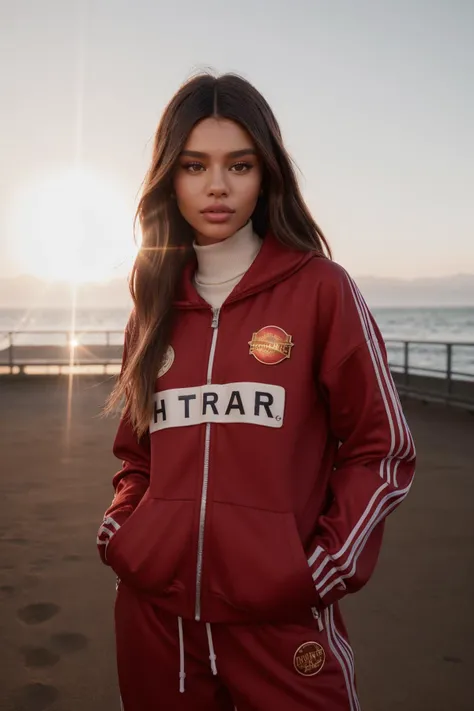 (Art Photography, Award Winning) (DV_Cleopetra_Vicious is walking at Santa Monica Pier in a red track suit), by Steve McCurry, 35mm, F/2.8, ((Photo Focus, DOF, Aperture, insanely detailed and intricate, character, hypermaximalist, elegant, ornate, beautiful, exotic, revealing, appealing, attractive, amative, hyper realistic, super detailed, heresy flares))(DOF, blurry background, sunset background)(Lens Flare,:1.4) Heresy flare, (god rays:1.2)