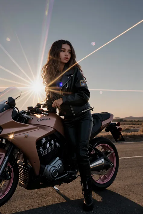 ((CINEMATIC SHOT)) DV_Cleopetra_Vicious has long pink curly hair on a motorbike riding on an air field into the sunset, wearing biker gear, shot by Quentin Tarantino, 35mm, F/2.8, insanely detailed and intricate, character, hypermaximalist, elegant, ornate, beautiful, exotic, revealing, appealing, attractive, amative, hyper realistic, super detailed, trending on flickr, god rays, (lens flare:1.4) heresy flare