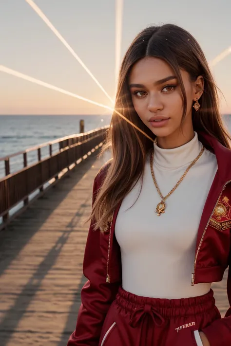 (Art Photography, Award Winning) (DV_Cleopetra_Vicious is walking at Santa Monica Pier in a red track suit), by Steve McCurry, 35mm, F/2.8, ((Photo Focus, DOF, Aperture, insanely detailed and intricate, character, hypermaximalist, elegant, ornate, beautiful, exotic, revealing, appealing, attractive, amative, hyper realistic, super detailed, heresy flares))(DOF, blurry background, sunset background)(Lens Flare,:1.4) Heresy flare, (god rays:1.2)