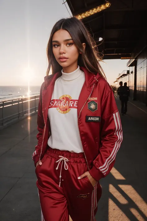 (Art Photography, Award Winning) (DV_Cleopetra_Vicious is walking at Santa Monica Pier in a red track suit), by Steve McCurry, 35mm, F/2.8, ((Photo Focus, DOF, Aperture, insanely detailed and intricate, character, hypermaximalist, elegant, ornate, beautiful, exotic, revealing, appealing, attractive, amative, hyper realistic, super detailed, heresy flares))(DOF, blurry background, sunset background)(Lens Flare,:1.4) Heresy flare, (god rays:1.2)