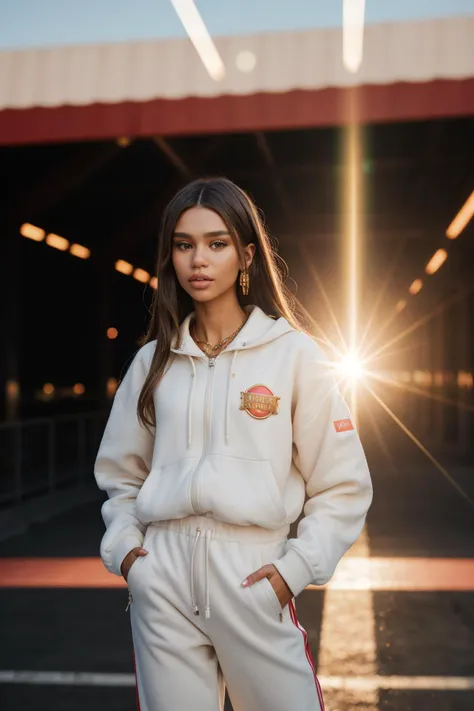 (Art Photography, Award Winning) (DV_Cleopetra_Vicious is walking at Santa Monica Pier in a red track suit), by Steve McCurry, 35mm, F/2.8, ((Photo Focus, DOF, Aperture, insanely detailed and intricate, character, hypermaximalist, elegant, ornate, beautiful, exotic, revealing, appealing, attractive, amative, hyper realistic, super detailed, heresy flares))(DOF, blurry background, sunset background)(Lens Flare,:1.4) Heresy flare, (god rays:1.2)