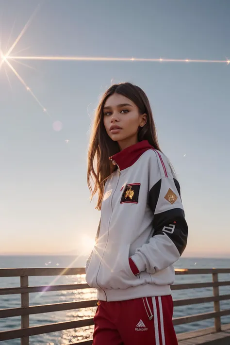 (Art Photography, Award Winning) (DV_Cleopetra_Vicious is walking at Santa Monica Pier in a red track suit), by Steve McCurry, 35mm, F/2.8, ((Photo Focus, DOF, Aperture, insanely detailed and intricate, character, hypermaximalist, elegant, ornate, beautiful, exotic, revealing, appealing, attractive, amative, hyper realistic, super detailed, heresy flares))(DOF, blurry background, sunset background)(Lens Flare,:1.4) Heresy flare, (god rays:1.2)