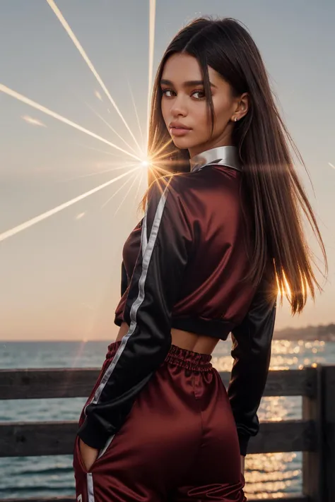 (Art Photography, Award Winning) (DV_Cleopetra_Vicious is walking at Santa Monica Pier in a red track suit), by Steve McCurry, 35mm, F/2.8, ((Photo Focus, DOF, Aperture, insanely detailed and intricate, character, hypermaximalist, elegant, ornate, beautiful, exotic, revealing, appealing, attractive, amative, hyper realistic, super detailed, heresy flares))(DOF, blurry background, sunset background)(Lens Flare,:1.4) Heresy flare, (god rays:1.2)