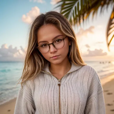 <lora:Wolvie_andr3ada1mauva11s_v3.11:1> andr3ada1mauva11s, glasses, beautiful girl wearing an unzipped sweater, open sweater, glamourous hair, depth of field, bokeh, morning tropical beach (masterpiece) (best quality) (detailed) (8k) (wallpaper) (cinematic lighting) (sharp focus) (intricate),