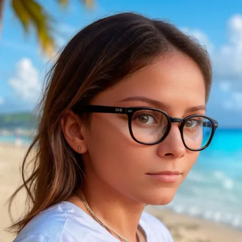 <lora:Wolvie_andr3ada1mauva11s_v3.11:1> andr3ada1mauva11s, glasses, closeup headshot, a gorgeous woman, on a (beach:1.2), wearing a (t-shirt:1.2), (8k, RAW photo, best quality, depth of field, ultra high res:1.2), (absurdres, intricate, photorealistic, masterpiece, ultra-detailed)