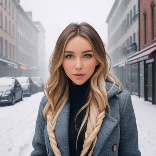 professional portrait photograph of a gorgeous rcook Rachel Cook, in winter clothing with long wavy blonde hair, ((sultry flirty look)), freckles, beautiful symmetrical face, cute natural makeup, ((standing outside in snowy city street)), stunning modern urban upscale environment, ultra realistic, concept art, elegant, highly detailed, intricate, sharp focus, depth of field, f/1. 8, 85mm, medium shot, mid shot, (centered image composition), (professionally color graded), ((bright soft diffused light)), volumetric fog, trending on instagram, trending on tumblr, hdr 4k, 8k,