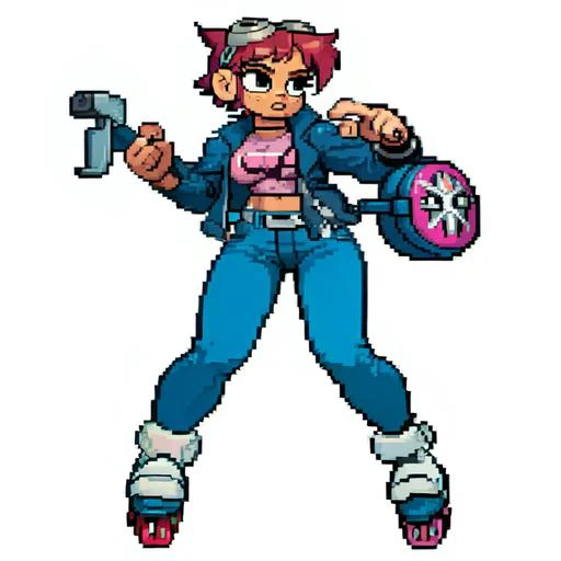 blomally, masterpiece, best quality, solo, 1girl, pink short hair, goggles, figthing stance, simple background, full body, denim jacket, t-shirt, bag, cargopants, rollerblades, hammer, <lora:Cps2V2_Fp:0.8>, <lora:pixai_style:0.4>, <lora:BryanLeeOMalley:1>